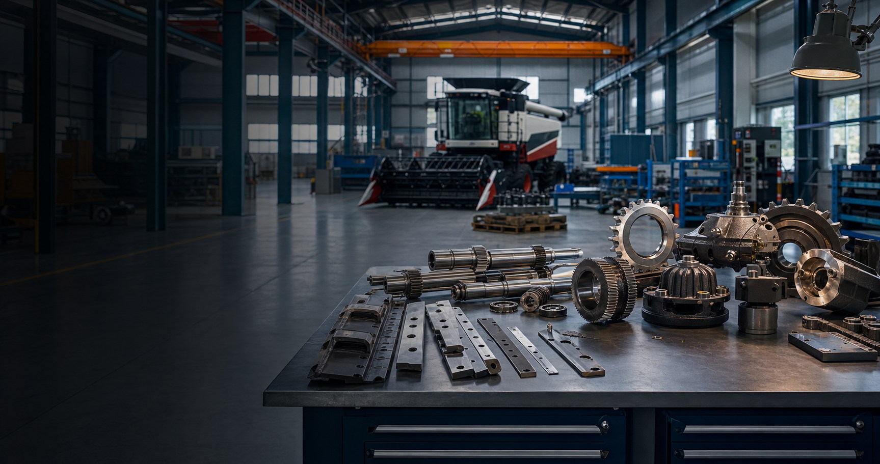 Agricultural machinery parts arranged in a modern factory