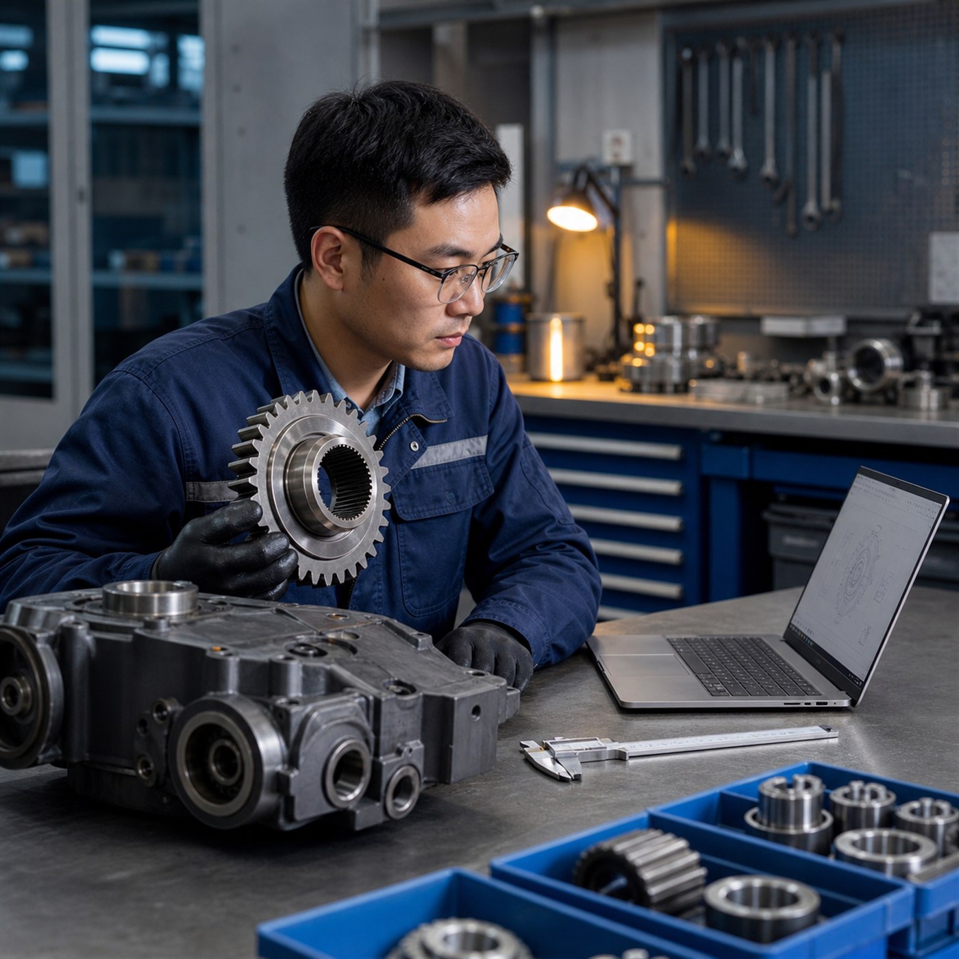 Technical specialist reviewing a precision machinery part beside an engineering reference